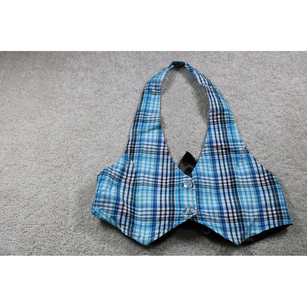 Knitworks Vest Womens Small Blue Plaid‎ Halter Button Up Back Tie Cropped Top
